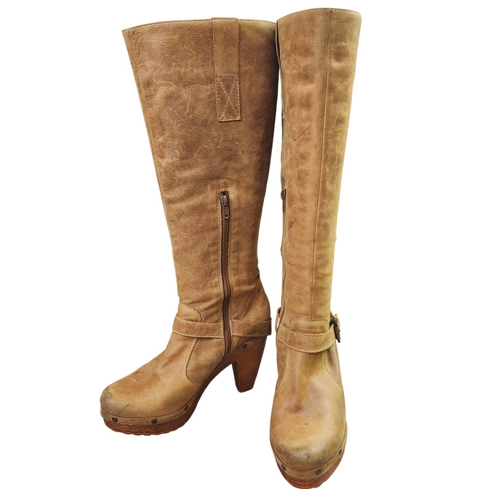 Addict by Bosi Tan Leather Knee High Platform Boots Sz 38  Boho Festival Y2K‎